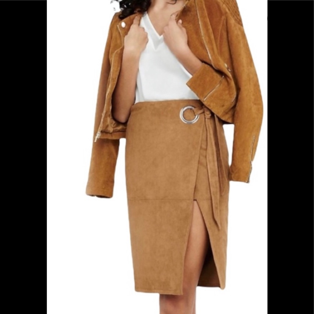 Express Skirts Wrap skirt brown tan faux suede tie waist pencil high waist 4